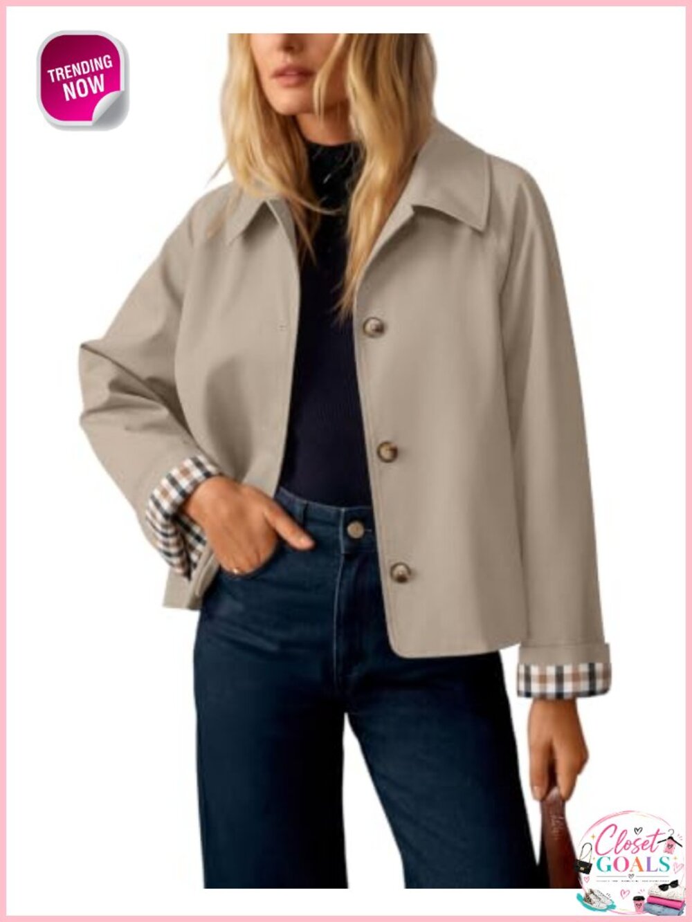 Cropped Trench Coat Button Front Plaid Accent Fall Jacket